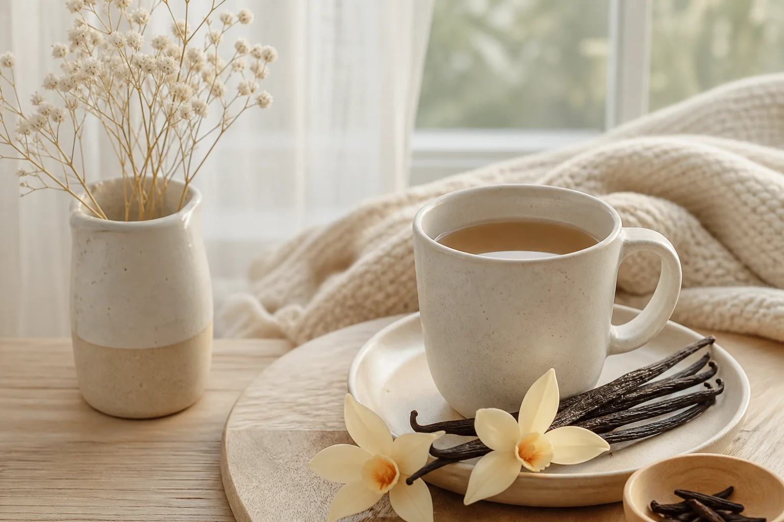 Cremefarbene Tasse mit heißem Tee auf Untertasse, daneben Vanilleschoten und weiße Narzissenblüten, im Hintergrund getrocknete Blumen in Vase und gemütliche Wolldecke am Fenster.