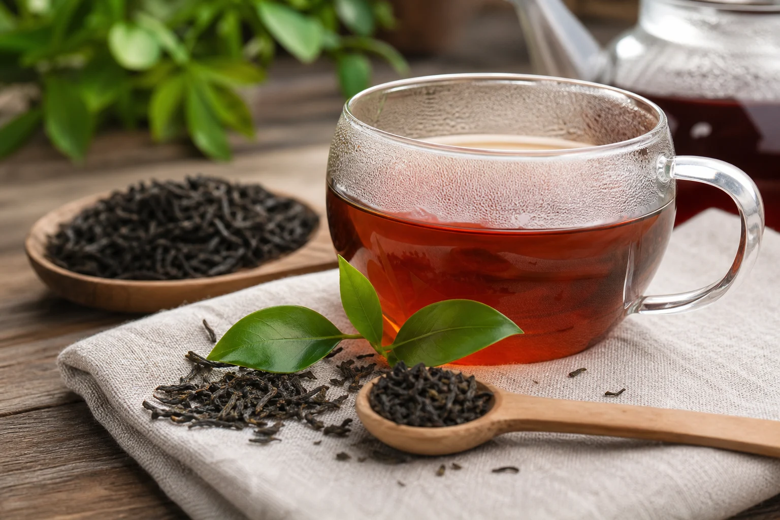 Glastasse mit dunkelrotem Schwarztee, daneben getrocknete Teeblätter auf Holzlöffel und in Schale, grüne Teeblätter als Dekoration auf Leinentuch.