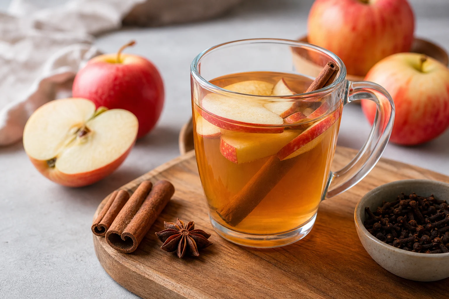 Glastasse mit goldenem Apfel-Zimt-Tee, garniert mit Apfelscheiben und Zimtstange, umgeben von frischen Äpfeln, Zimtstangen und Gewürzen auf Holzbrett
